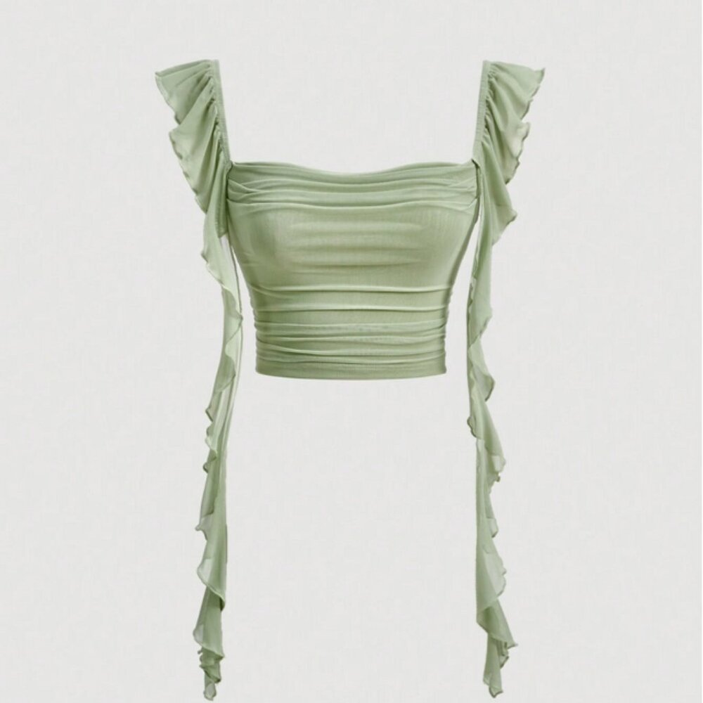 SHEIN MOD 2XL 16 Plus Green Ruffle Trim Mesh Crop Cami Top Shoulder Strap Blouse